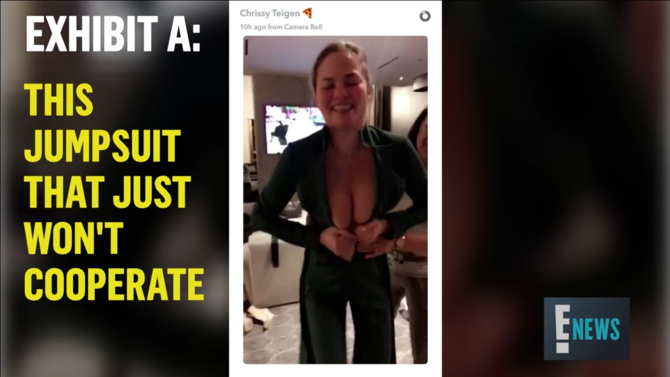 Chrissy Teigen Struggles with Zipping a Jumpsuit